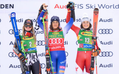 26.10.2024, Sölden, AUT, FIS Weltcup Ski Alpin, Riesentorlauf, Damen, Siegerehrung, im Bild v.l. Alice Robinson (NZL, 2. Platz), Siegerin Federica Brignone (ITA), Julia Scheib (AUT, 3. Platz) // left to right: second placed Alice Robinson of New Zealand race winner Federica Brignone of Italy third placed Julia Scheib of Austria during the winner ceremony for the ladie's Giant Slalom Race of the FIS Ski Alpine Worldcup in Sölden, Austria on 2024/10/26. EXPA Pictures © 2024, PhotoCredit: EXPA/ Johann Groder